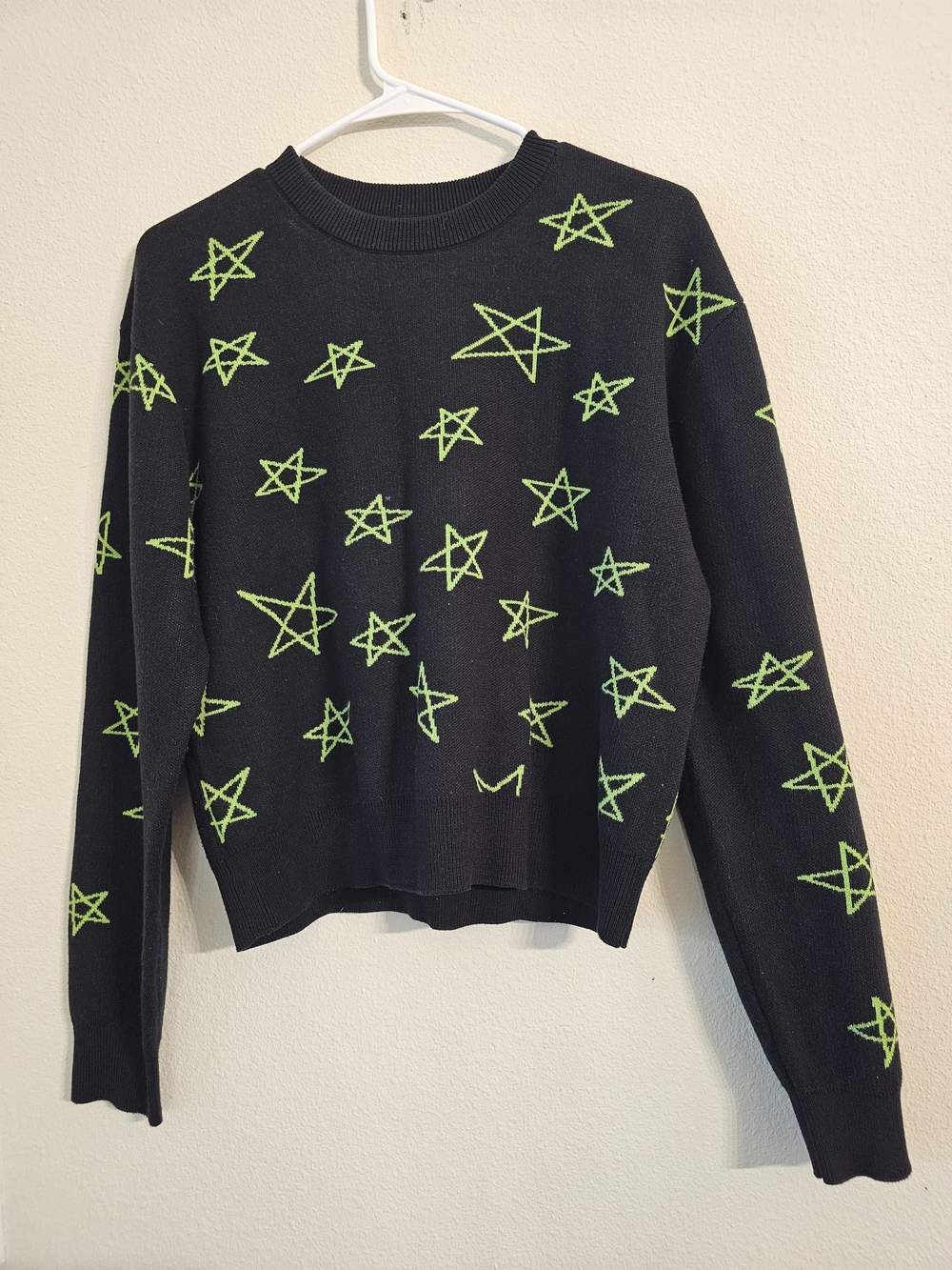 Empyre Black Crewneck Sweater with Neon Green Star Motif